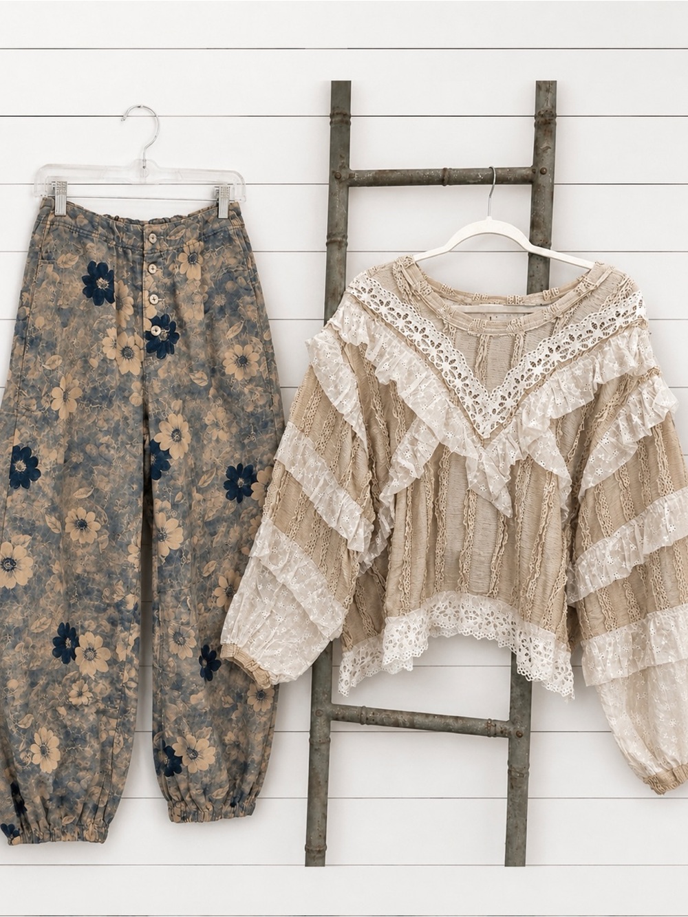 NEW POLSET: “The Flora” Boho Trim Cream Lace Blouse and Floral button joggers